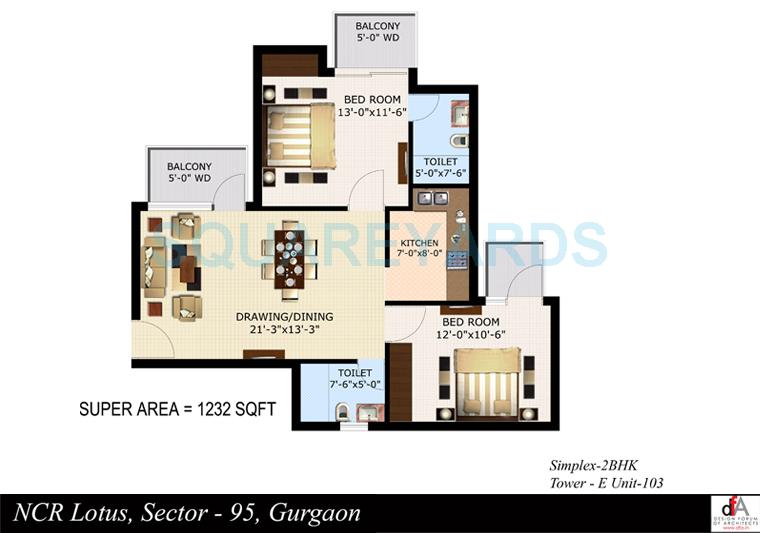 Floor plan of 2 BHK 1232 Sq. Ft. Apartment in Sidhartha NCR Lotus, Gurgaon
