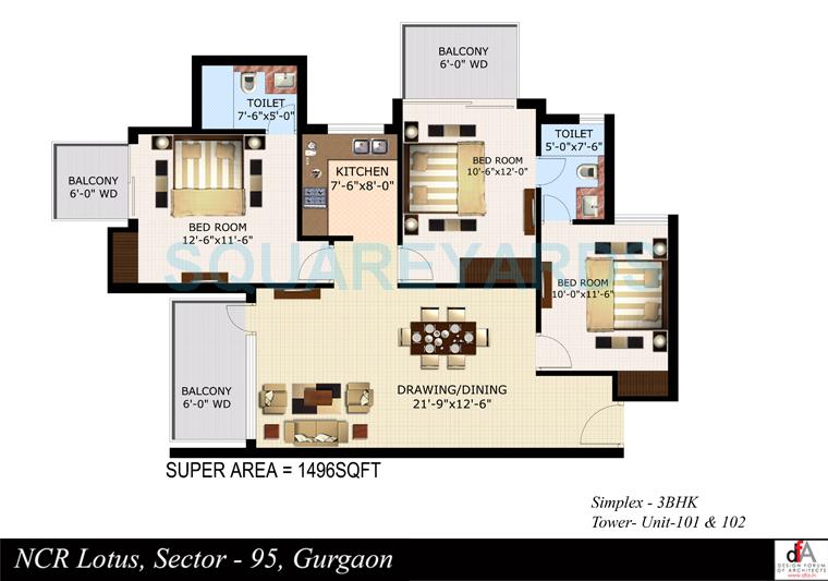 Floor plan of 3 BHK 1496 Sq. Ft. Apartment in Sidhartha NCR Lotus, Gurgaon