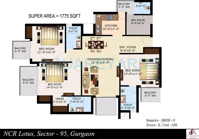 Floor plan of 3 BHK 1775 Sq. Ft. Apartment in Sidhartha NCR Lotus, Gurgaon