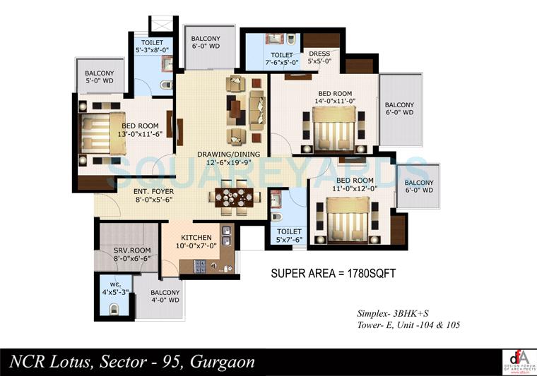 Floor plan of 3 BHK 1780 Sq. Ft. Apartment in Sidhartha NCR Lotus, Gurgaon