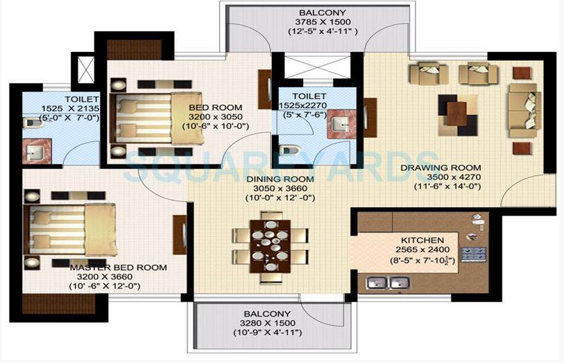 Floor plan of 2 BHK 1100 Sq. Ft. Apartment in Sidhartha NCR One, Gurgaon