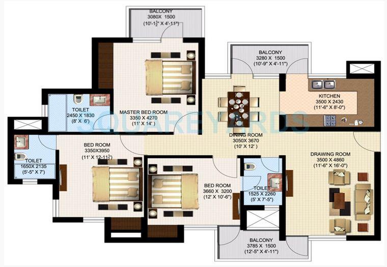 Floor plan of 3 BHK 1600 Sq. Ft. Apartment in Sidhartha NCR One, Gurgaon