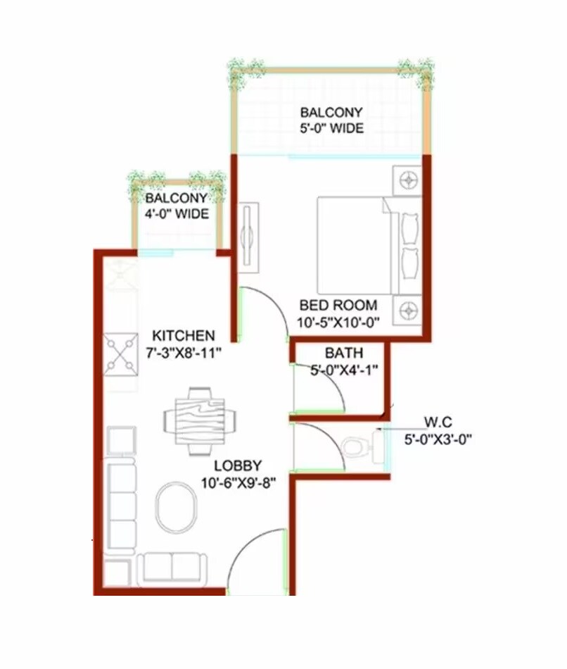 Floor plan of 1 BHK 400 Sq. Ft. Apartment in Signature Global Andour Height, Gurgaon