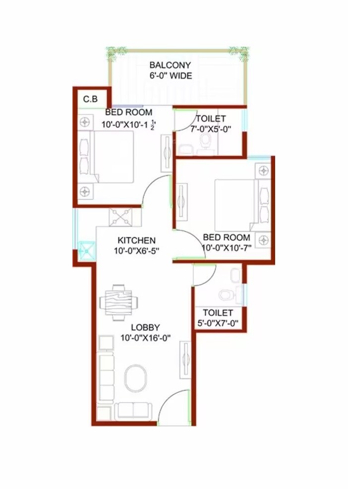 Floor plan of 2 BHK 600 Sq. Ft. Apartment in Signature Global Andour Height, Gurgaon