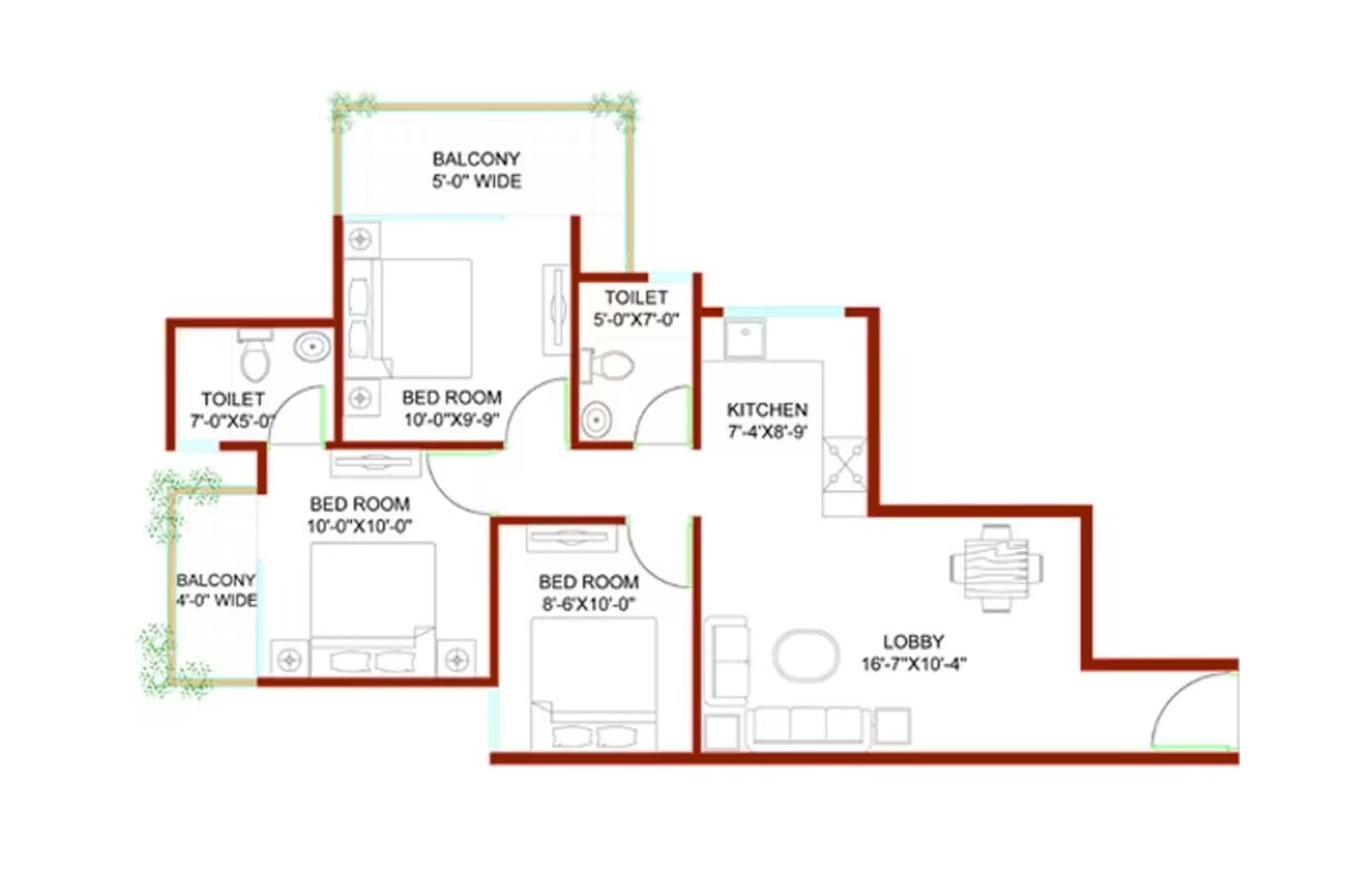 Floor plan of 2 BHK 745 Sq. Ft. Apartment in Signature Global Andour Height, Gurgaon