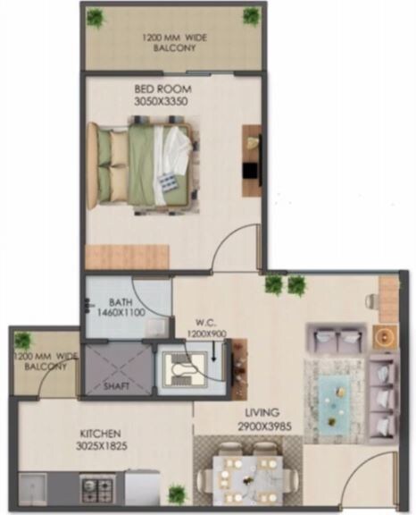 Floor plan of 1 BHK 405 Sq. Ft. Apartment in Signature Global Golf Greens, Gurgaon