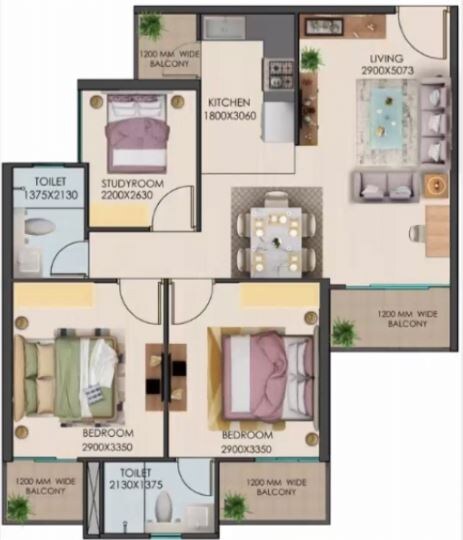 Floor plan of 3 BHK 728 Sq. Ft. Apartment in Signature Global Golf Greens, Gurgaon