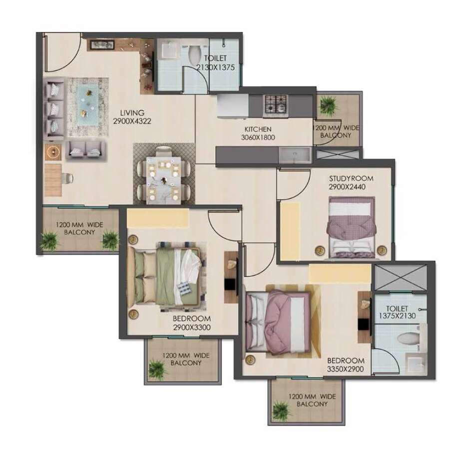 Floor plan of 3 BHK 732 Sq. Ft. Apartment in Signature Global Golf Greens, Gurgaon