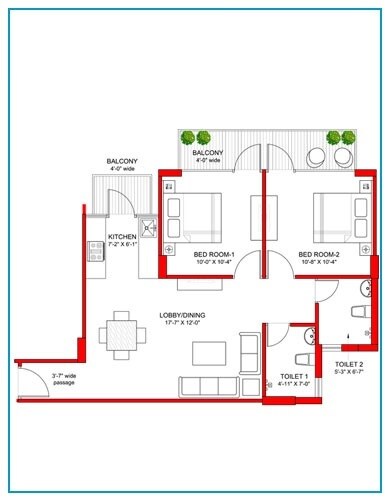 Floor plan of 2 BHK 679 Sq. Ft. Apartment in Signature Global Grand Iva, Gurgaon
