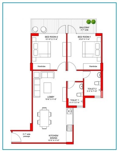 Floor plan of 2 BHK 716 Sq. Ft. Apartment in Signature Global Grand Iva, Gurgaon