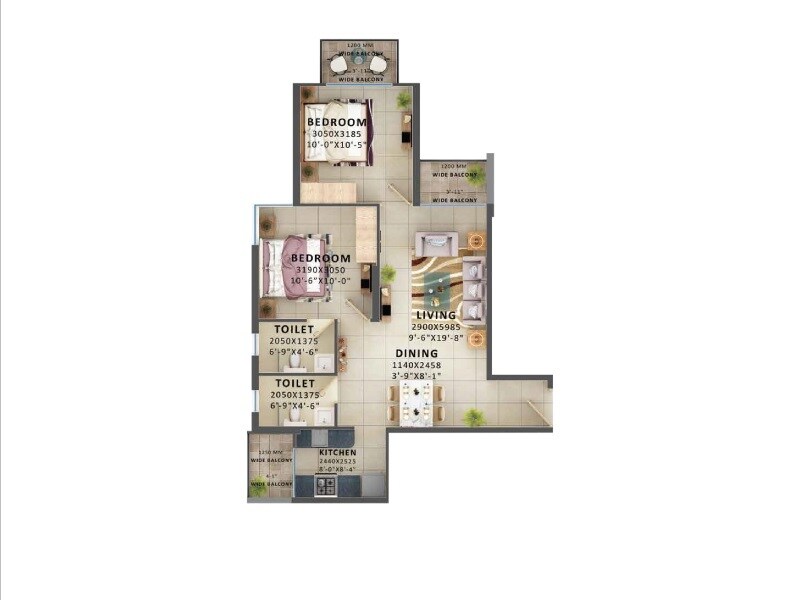 Floor plan of 2 BHK 834 Sq. Ft. Apartment in Signature Global Prime, Gurgaon