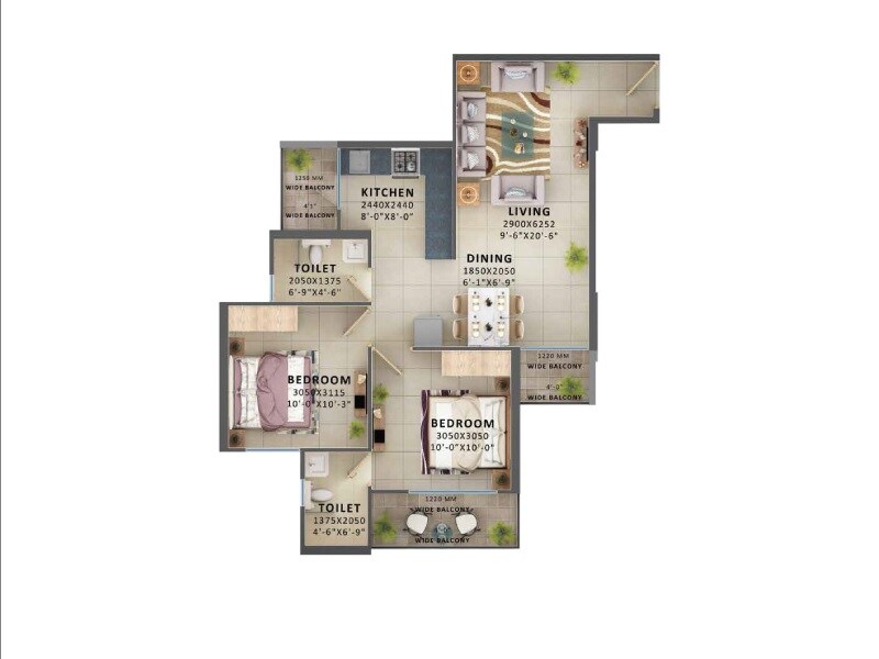 Floor plan of 2 BHK 1232 Sq. Ft. Apartment in Signature Global Prime, Gurgaon