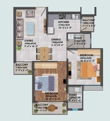 Floor plan of 2 BHK 665 Sq. Ft. Apartment in Signature Global Proxima Phase 2, Gurgaon