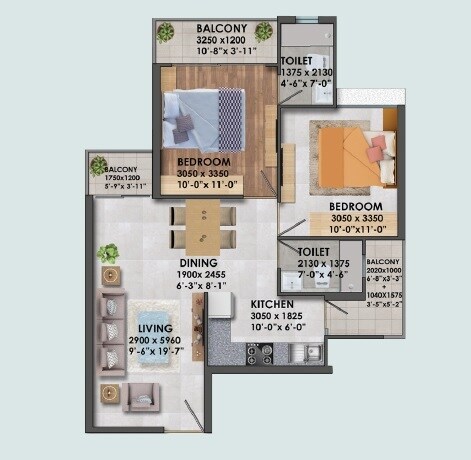 Floor plan of 2 BHK 685 Sq. Ft. Apartment in Signature Global Proxima Phase 2, Gurgaon