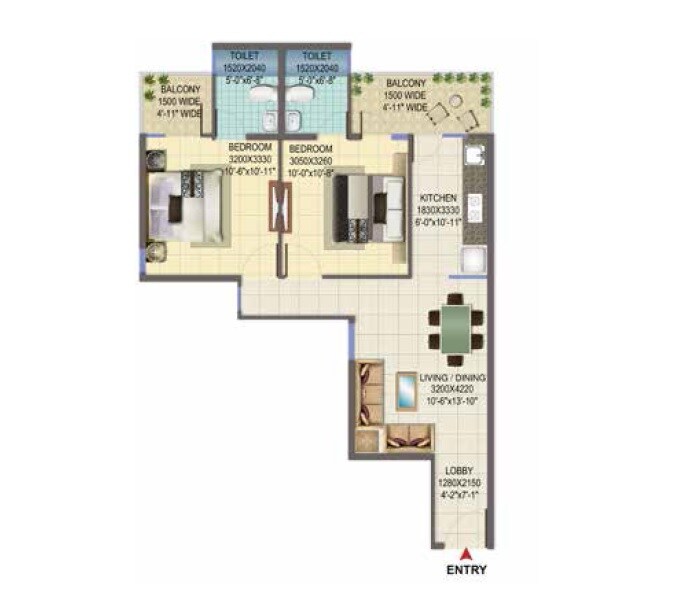 Floor plan of 2 BHK 565 Sq. Ft. Apartment in Signature Global Solera 2, Gurgaon