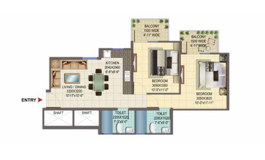 Floor plan of 2 BHK 634 Sq. Ft. Apartment in Signature Global Solera 2, Gurgaon
