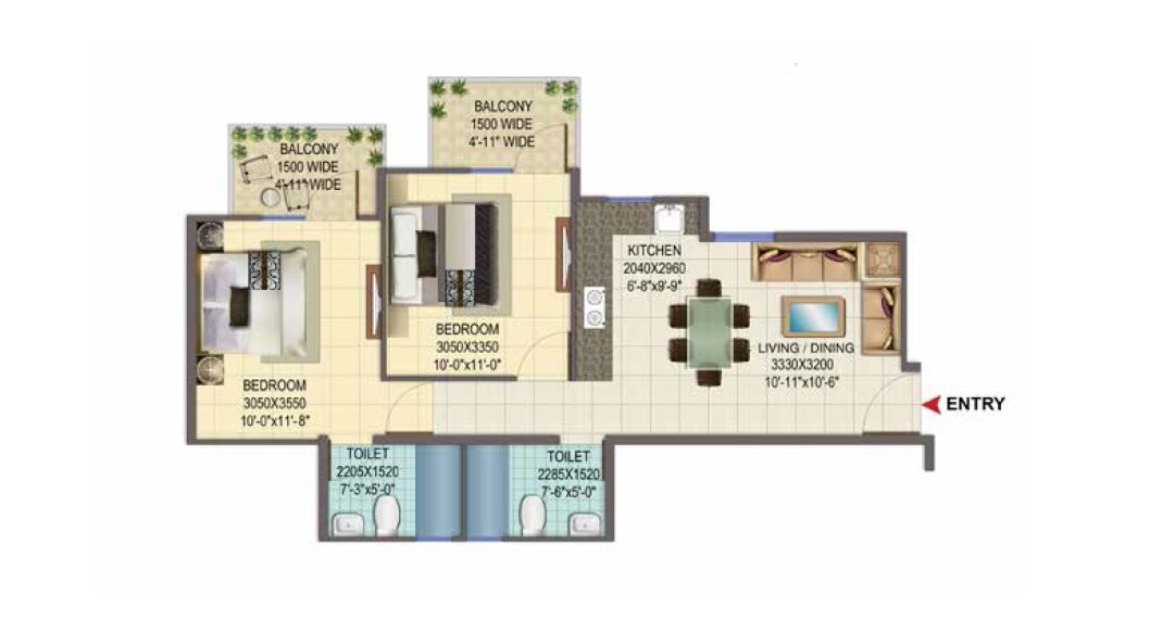 Floor plan of 2 BHK 635 Sq. Ft. Apartment in Signature Global Solera 2, Gurgaon