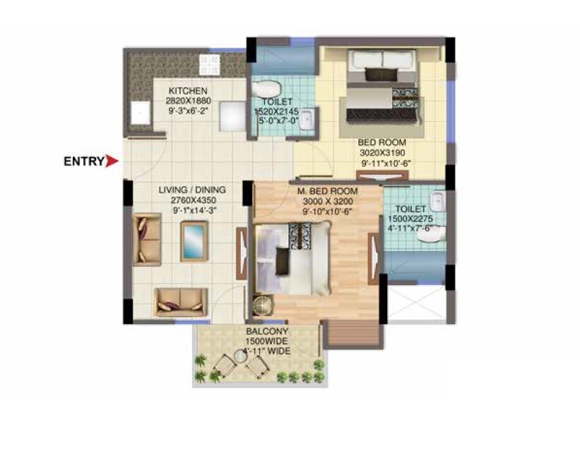 Floor plan of 3 BHK 660 Sq. Ft. Apartment in Signature Global Solera 2, Gurgaon