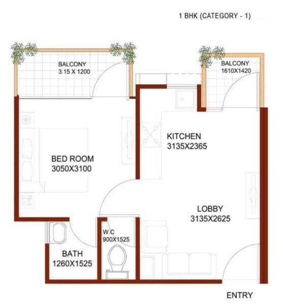 Floor plan of 1 BHK 365 Sq. Ft. Apartment in Signature Global Synera, Gurgaon