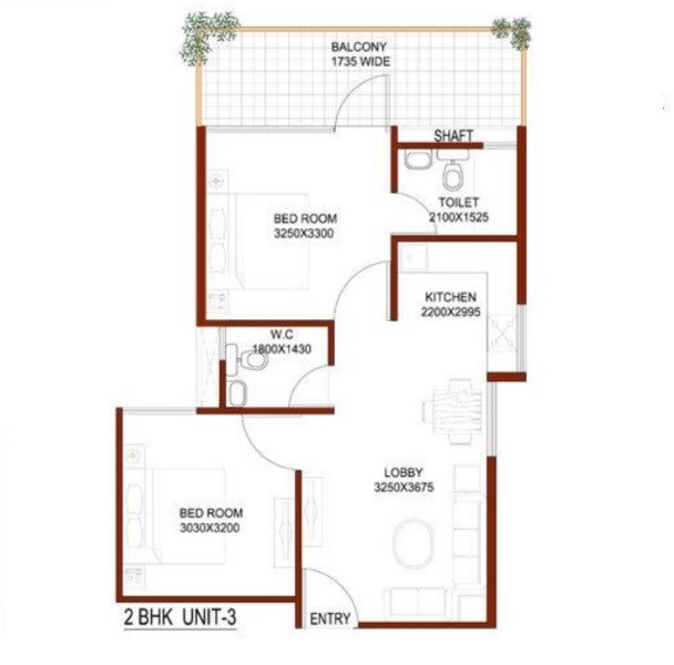 Floor plan of 2 BHK 598 Sq. Ft. Apartment in Signature Global Synera, Gurgaon