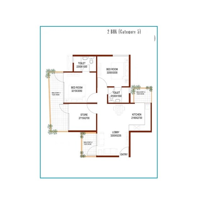 Floor plan of 2 BHK 735 Sq. Ft. Apartment in Signature Global Synera, Gurgaon