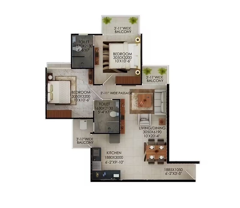 Floor plan of 2 BHK 1050 Sq. Ft. Apartment in Signature Global The Millennia, Gurgaon