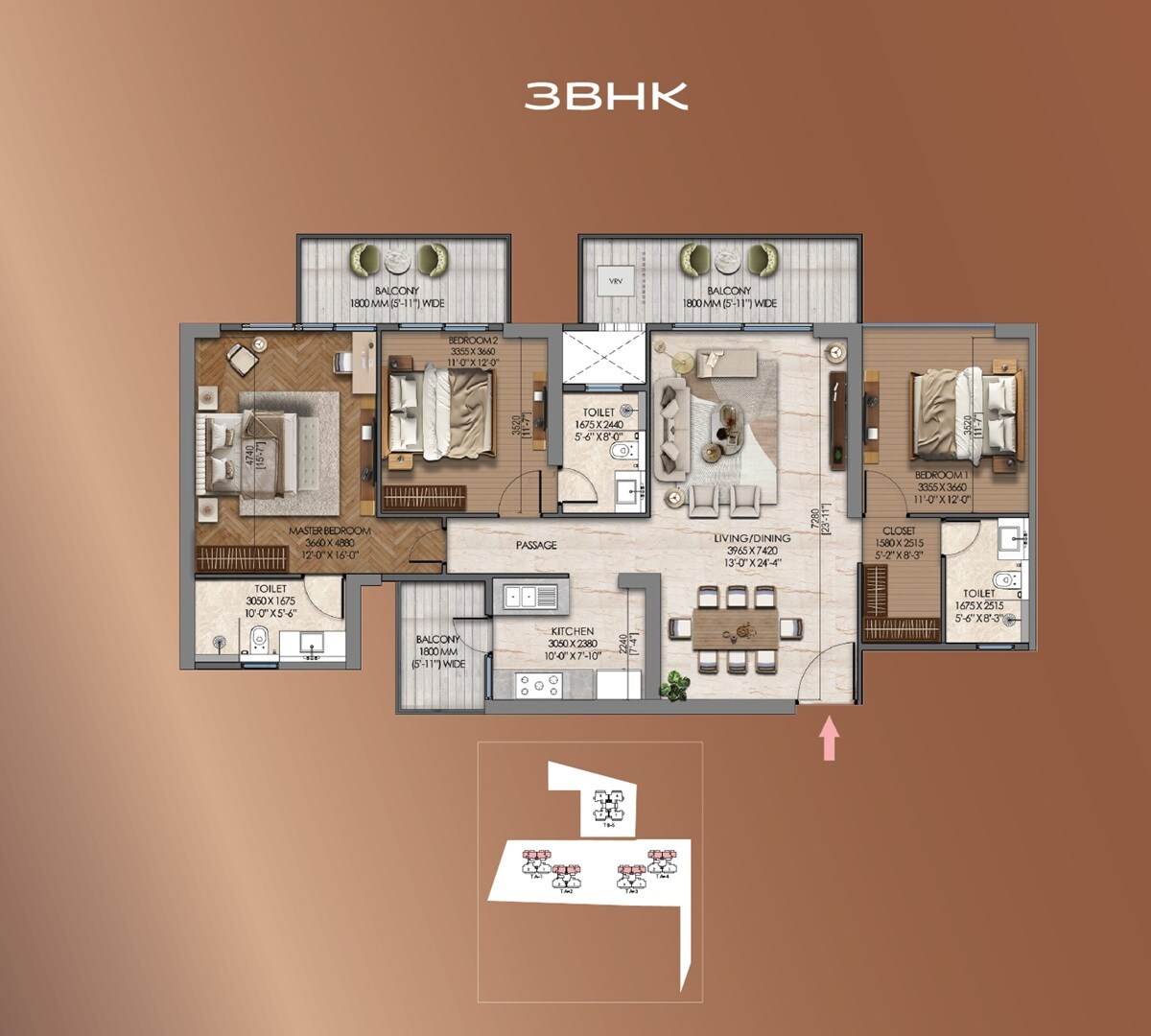 Floor plan of 3 BHK 2050 Sq. Ft. Apartment in Signature Global Tonino Lamborghini Residences, Gurgaon