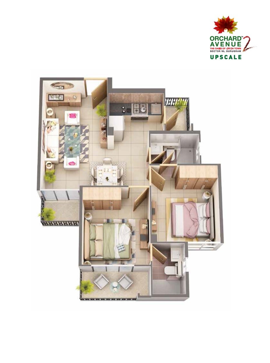 Floor plan of 2 BHK 617 Sq. Ft. Apartment in Signature Orchard Avenue 2, Gurgaon