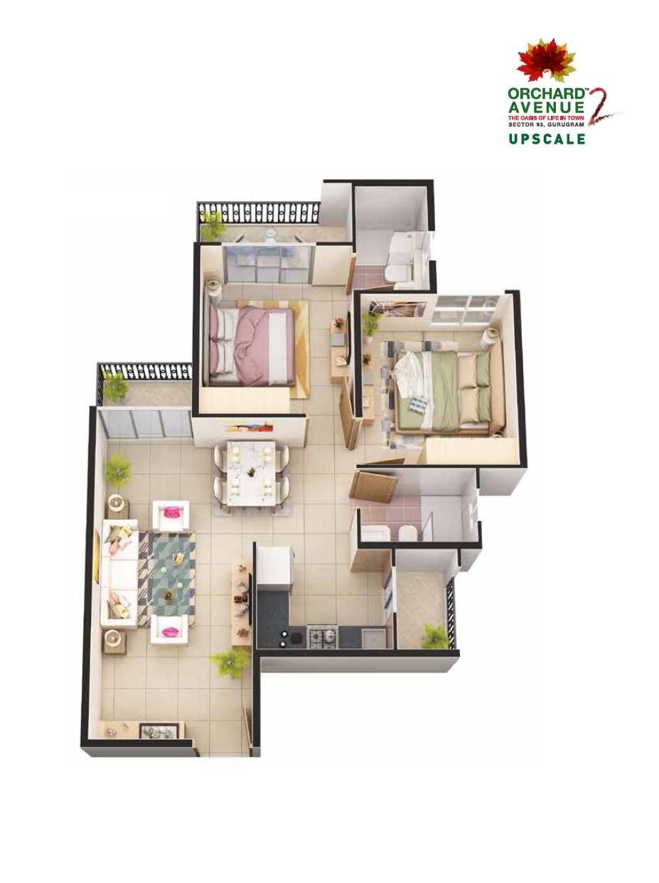 Floor plan of 2 BHK 656 Sq. Ft. Apartment in Signature Orchard Avenue 2, Gurgaon