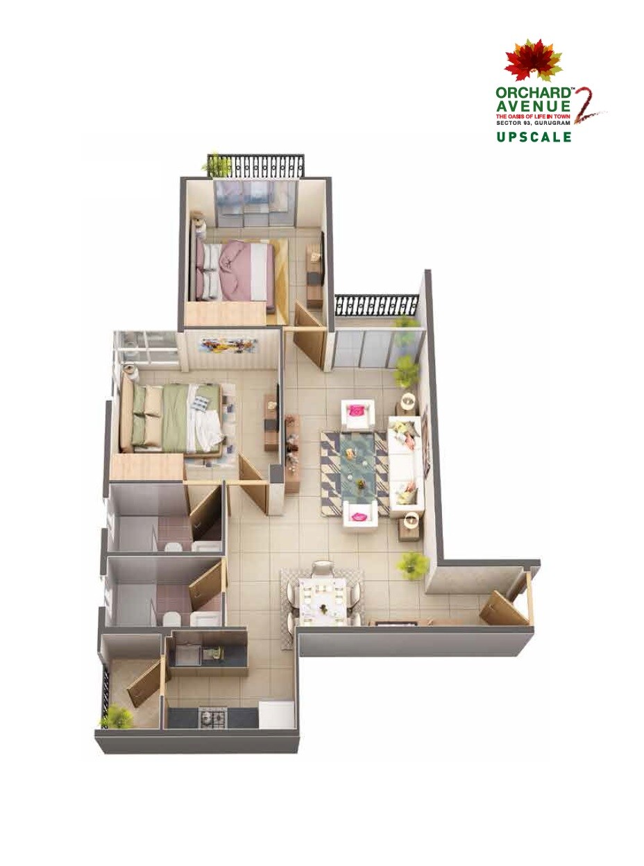 Floor plan of 2 BHK 666 Sq. Ft. Apartment in Signature Orchard Avenue 2, Gurgaon