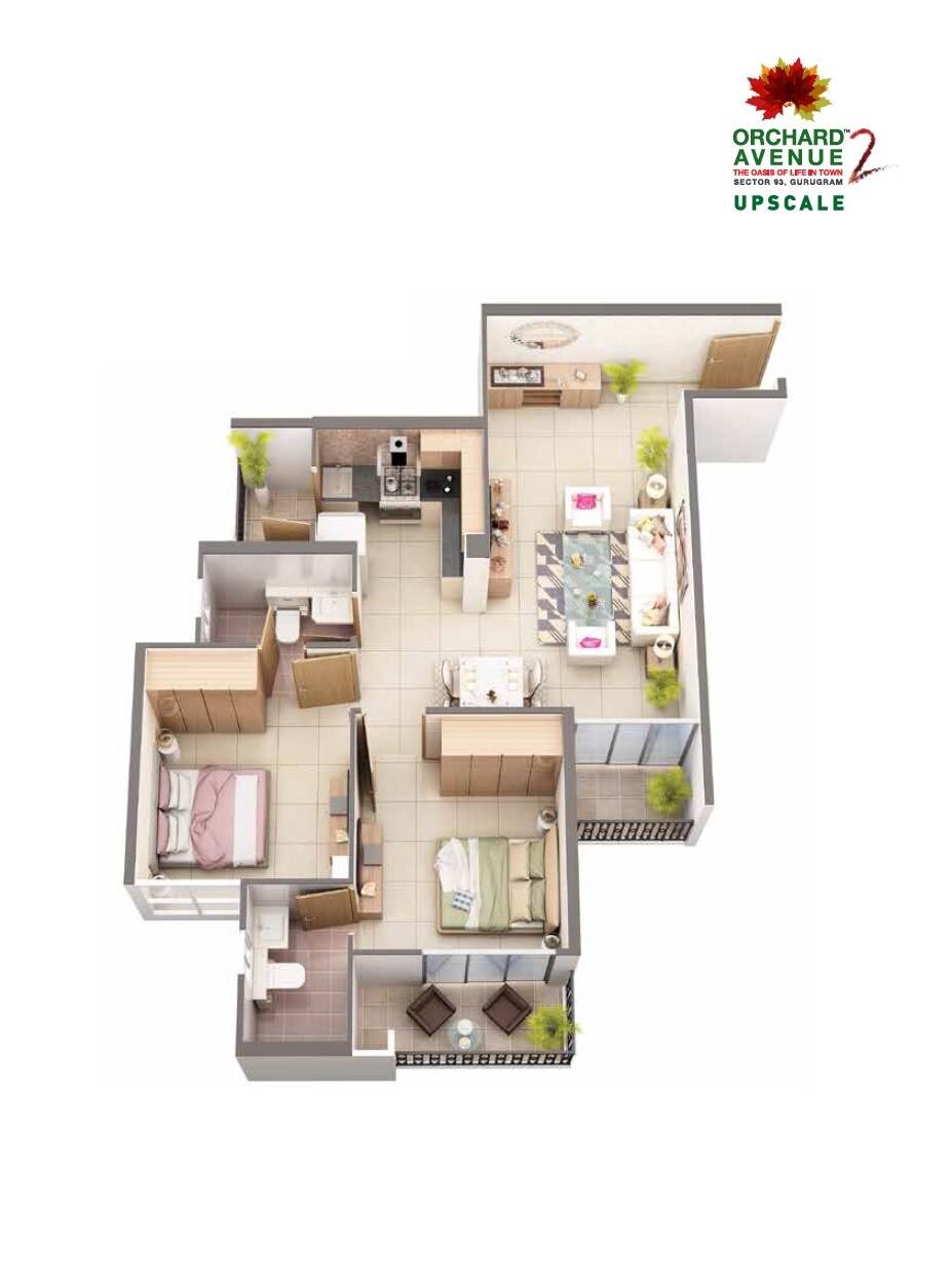 Floor plan of 2 BHK 680 Sq. Ft. Apartment in Signature Orchard Avenue 2, Gurgaon