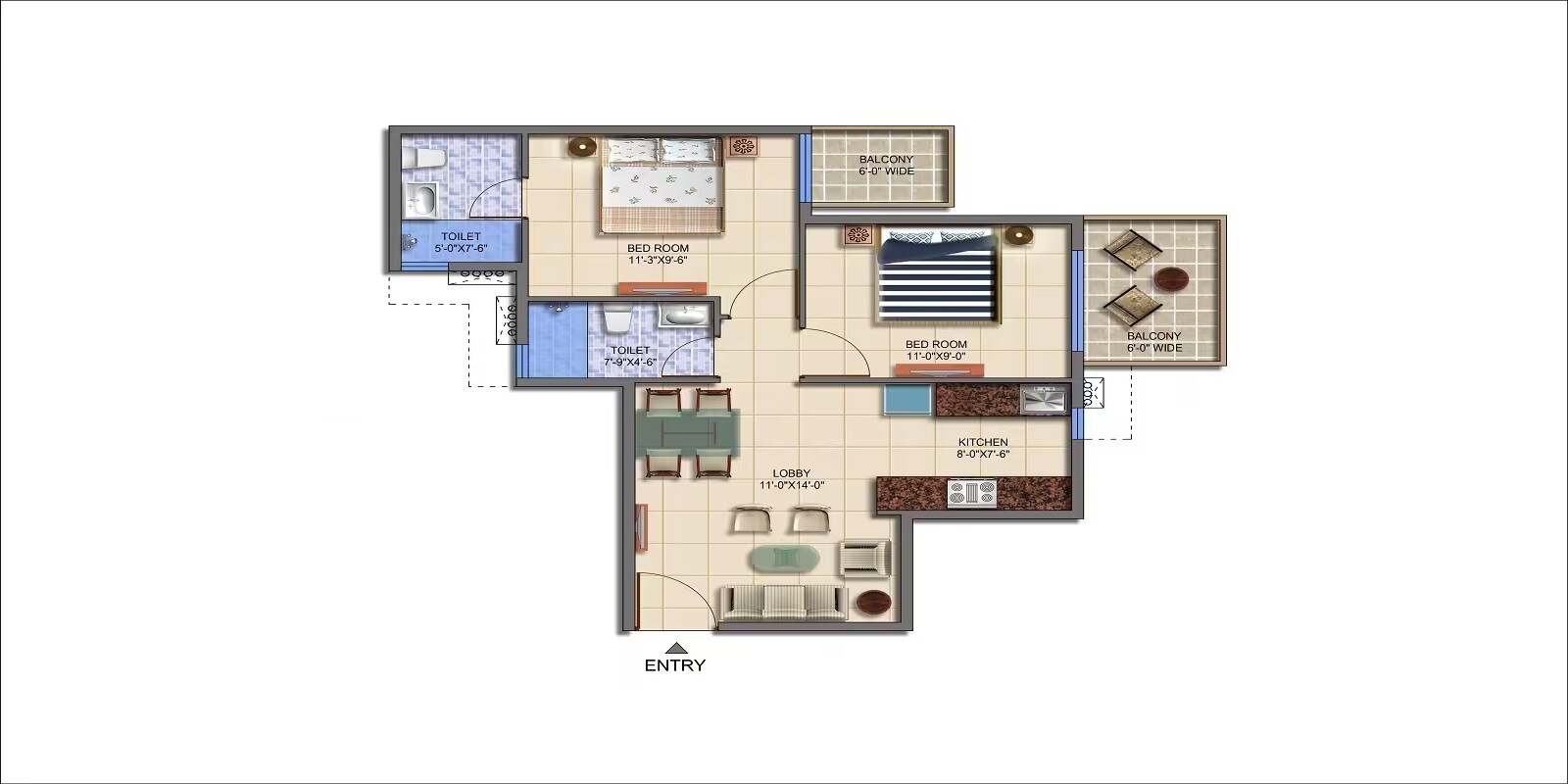 Floor plan of 2 BHK 594 Sq. Ft. Apartment in Signature Roselia Phase 2, Gurgaon