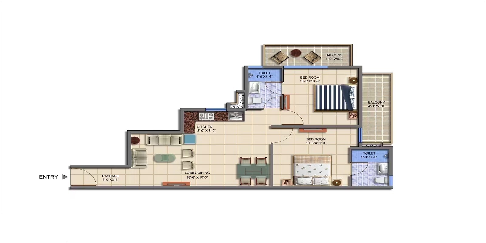 Floor plan of 2 BHK 671 Sq. Ft. Apartment in Signature Roselia Phase 2, Gurgaon