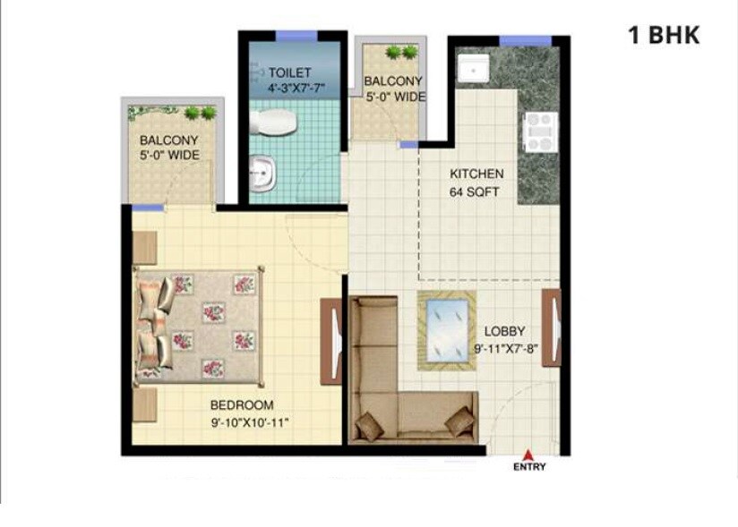 Floor plan of 1 BHK 350 Sq. Ft. Apartment in Signature Solera Apartment, Gurgaon