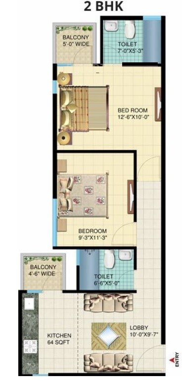 Floor plan of 2 BHK 602 Sq. Ft. Apartment in Signature Solera Apartment, Gurgaon