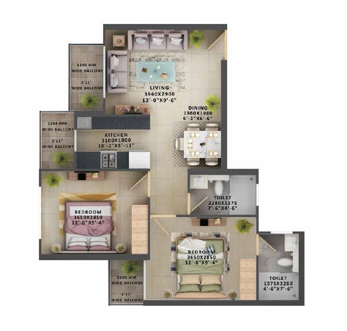 Floor plan of 2 BHK Apartment - 625 sq. ft. in Signature The Millennia 2, Gurgaon