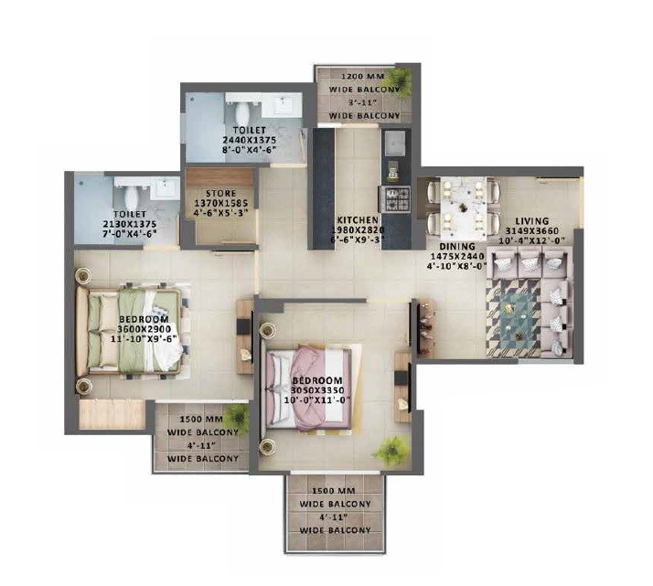 Floor plan of 2 BHK Apartment - 681 sq. ft. in Signature The Millennia 2, Gurgaon