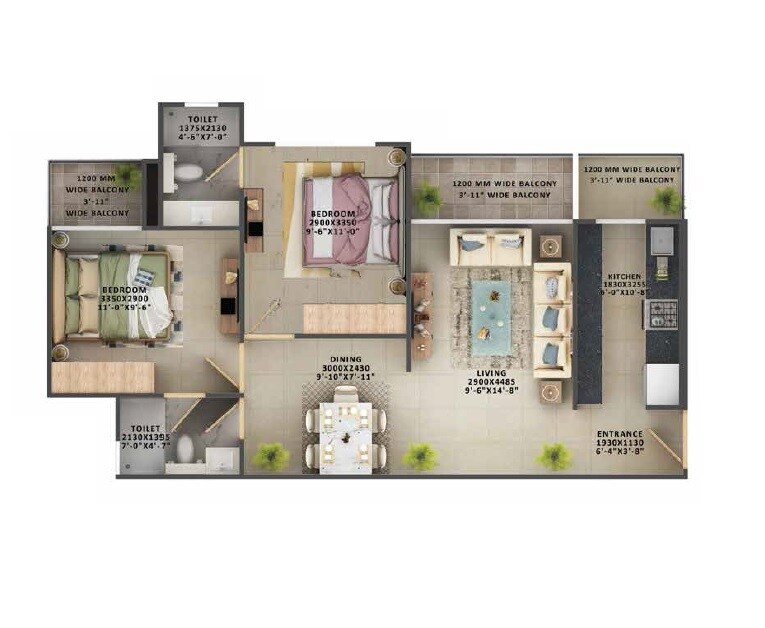 Floor plan of 2 BHK Apartment - 686 sq. ft. in Signature The Millennia 2, Gurgaon