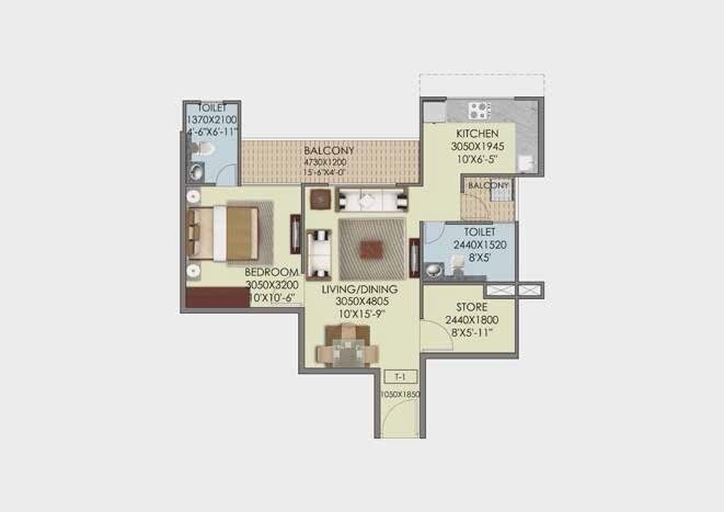Floor plan of 1 BHK Apartment - 567 sq. ft. in Signature The Serenas, Gurgaon