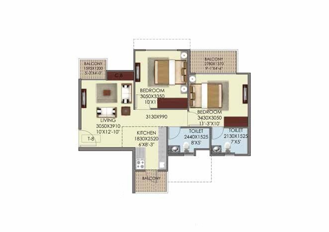 Floor plan of 2 BHK Apartment - 614 sq. ft. in Signature The Serenas, Gurgaon