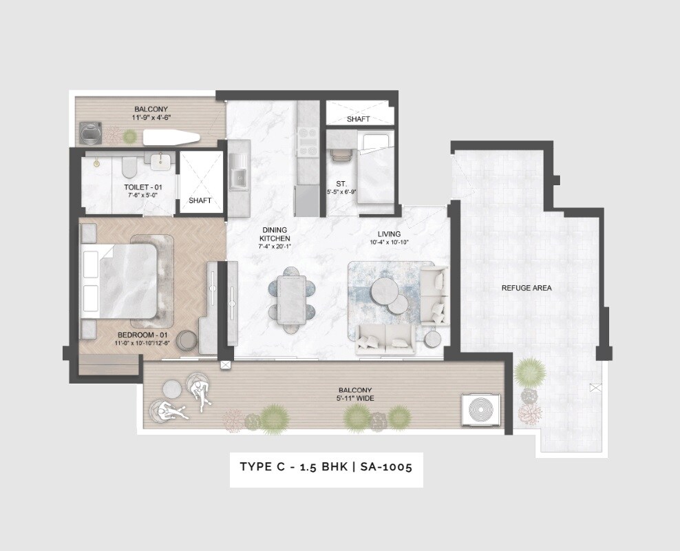 1 BHK 1005 Sq. Ft. Apartment