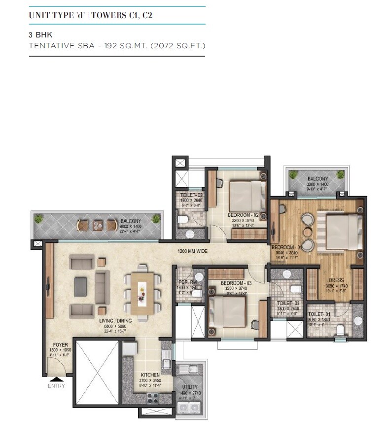  3 BHK Apartment at Sobha City Gurgaon, Sector 108 – for Rent