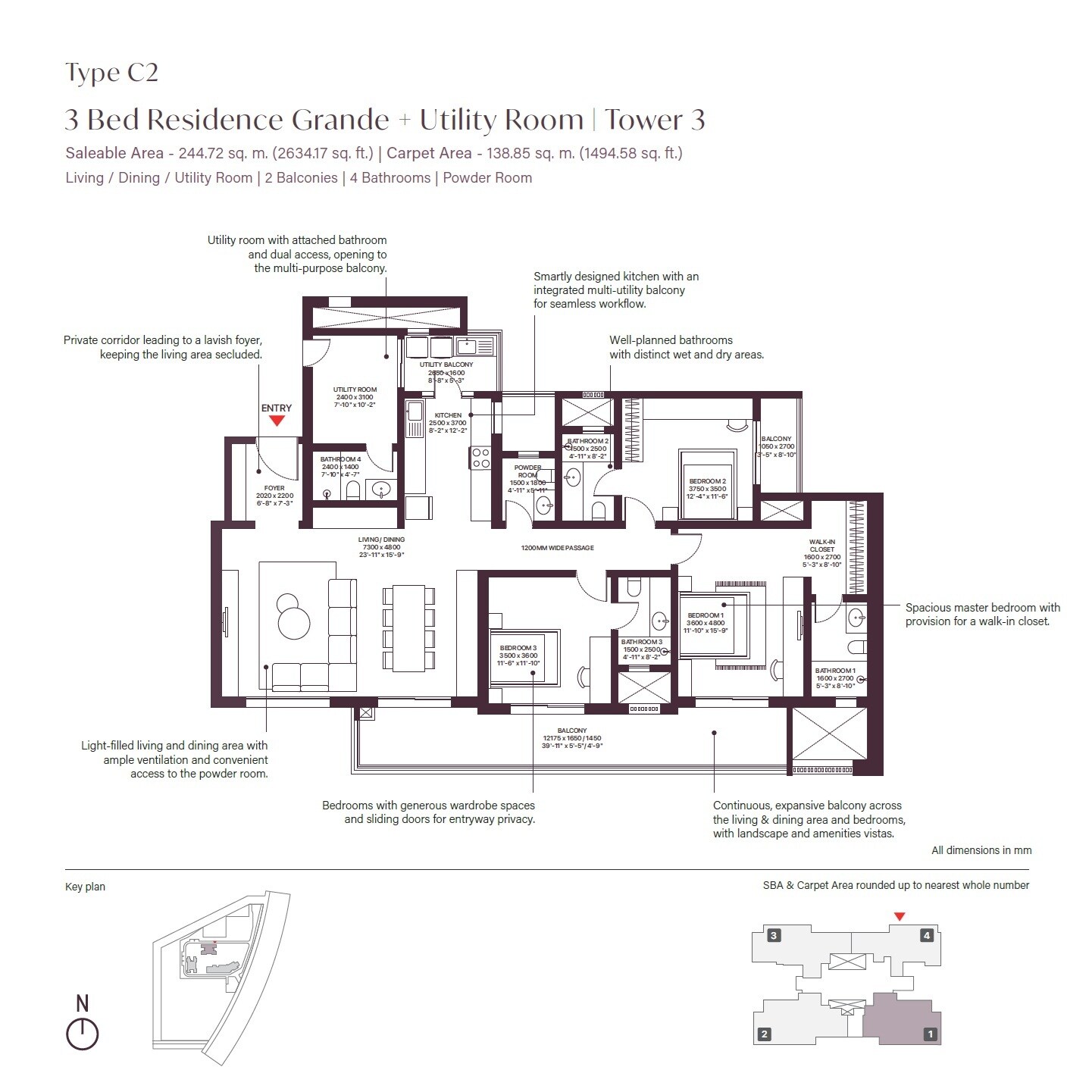 Floor plan of 3 BHK 2634 Sq. Ft. Apartment in Sobha Crescent, Gurgaon