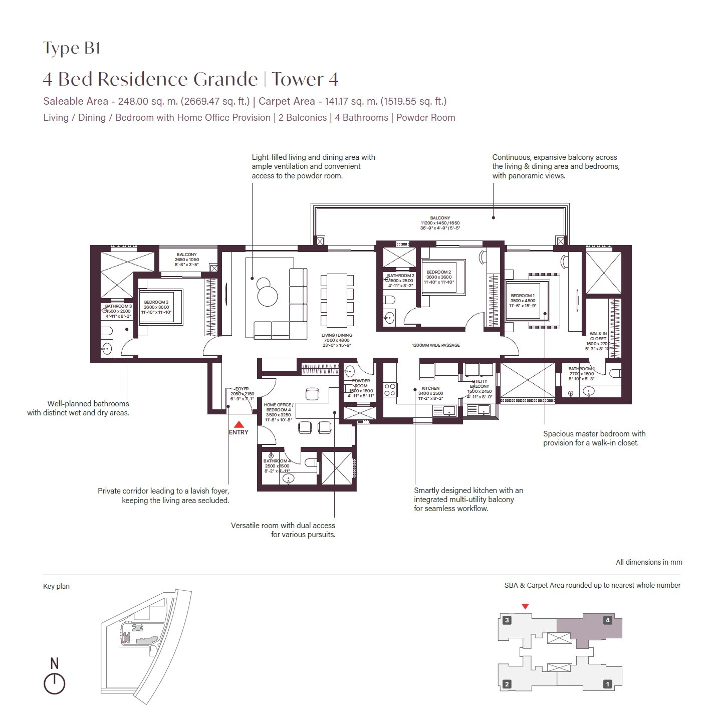 Floor plan of 4 BHK 2669 Sq. Ft. Apartment in Sobha Crescent, Gurgaon