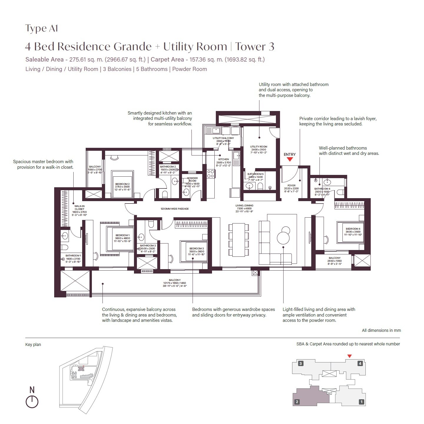 Floor plan of 4 BHK 2967 Sq. Ft. Apartment in Sobha Crescent, Gurgaon
