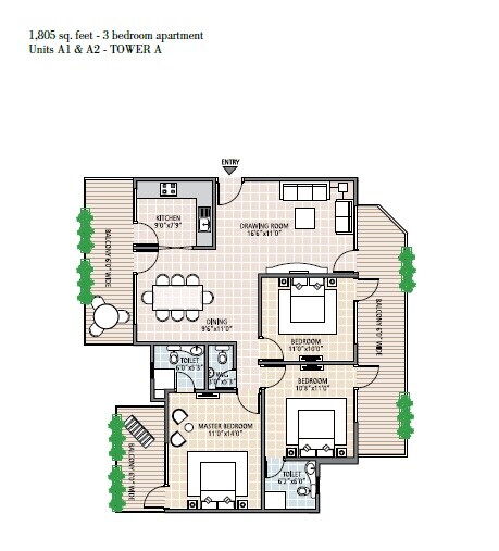 Floor plan of 3 BHK 1805 Sq. Ft. Apartment in Solutrean Caladium, Gurgaon