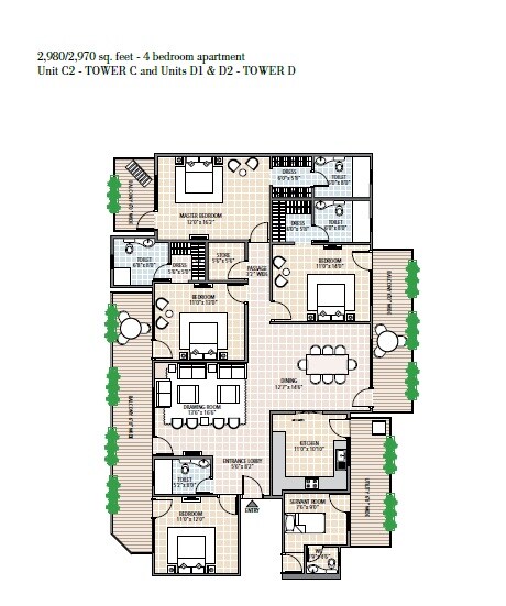 Floor plan of 4 BHK 2980 Sq. Ft. Apartment in Solutrean Caladium, Gurgaon