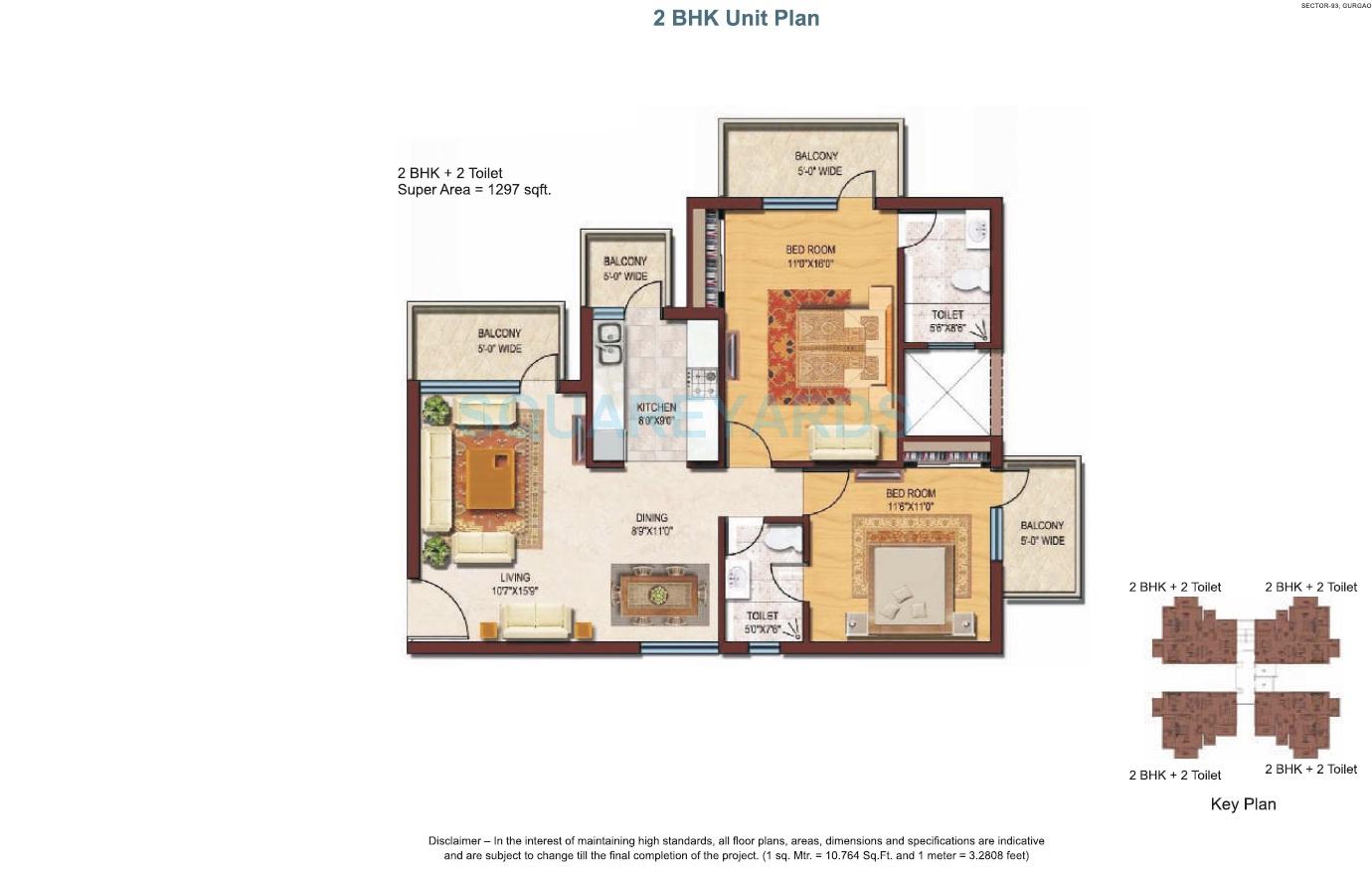 Floor plan of 2 BHK 1297 Sq. Ft. Apartment in Spaze Privvy The Address, Gurgaon