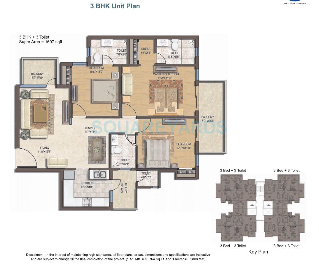 Floor plan of 3 BHK 1697 Sq. Ft. Apartment in Spaze Privvy The Address, Gurgaon