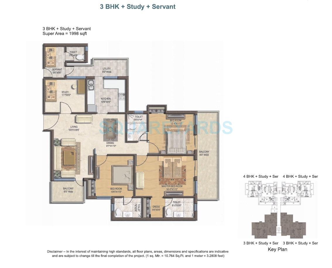 Floor plan of 3 BHK 1998 Sq. Ft. Apartment in Spaze Privvy The Address, Gurgaon